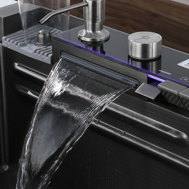 Chiuveta multifunctionala pentru bucatarie, din metal, afisaj LCD pentru temperatura apei, doua functii cascada, dimensiune 75x46 cm, baterie floxibila, gri antracit