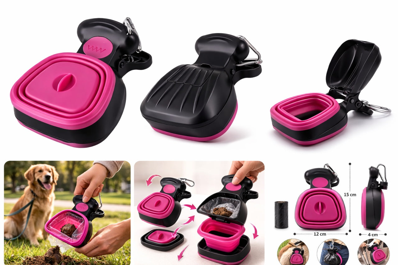 Cleste pentru excremente caini – cleste din plastic pliabil, cu carabina, portabil, Roz