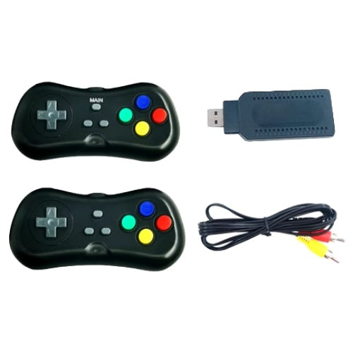 Consola cu 620 de jocuri, wireless, HDMI, cu 2 manete si stick, design portabil si compact, dimensiuni consola 9,3 x 3 x 1 cm, functionare cu baterii, negru