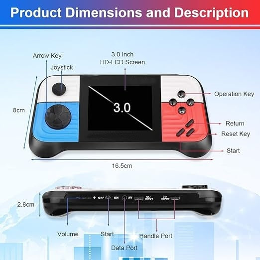 Consola de jocuri, portabila, cu 666 de jocuri, ecran HD de 3,0"", conexiune TV, functia de vibratie a controlerului de joc, suport TV AV-out, din ABS, alb/albastru/rosu