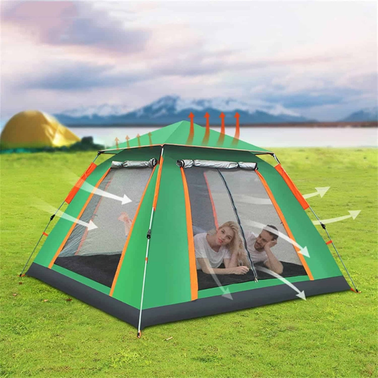 Cort camping 4 persoane, 2 usi, 200x200x150 cm, verde deschis