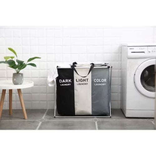 Cos de rufe, din material textil si cadru de aluminiu, cu 3 compartimente, negru/gri