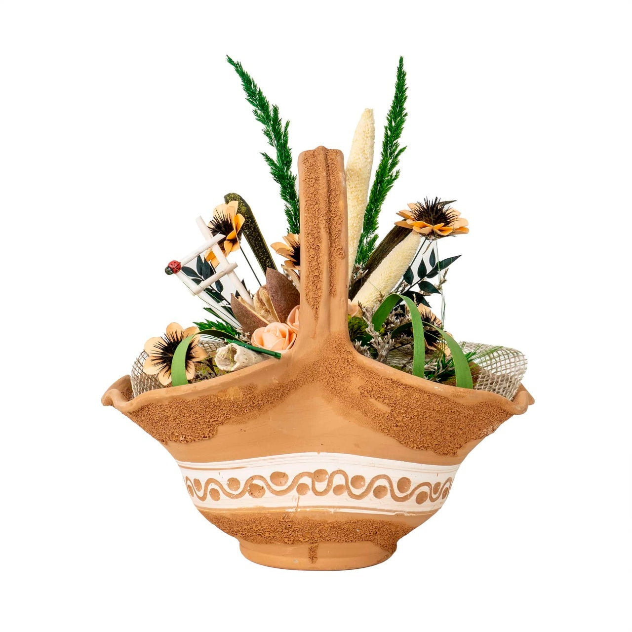 Cos mare din ceramica cu flori textile multicolore, inaltime 30 cm