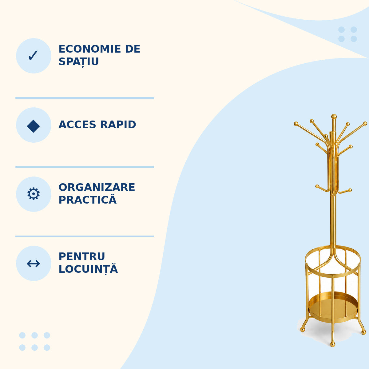 Cuier de Podea Tip Pom, cu Suport pentru Umbrele, Auriu – imagine 3