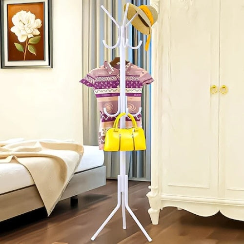 Cuier din metal tip pom, pentru haine, dimensiuni 45 x 175 cm, picioruse antialunecare, alb