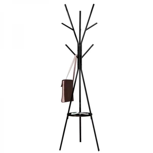 Cuier pentru haine, cu 9 carlige, cu suport din lemn pentru accesorii, din otel carbon, dimensiuni 180 x 45 cm, negru