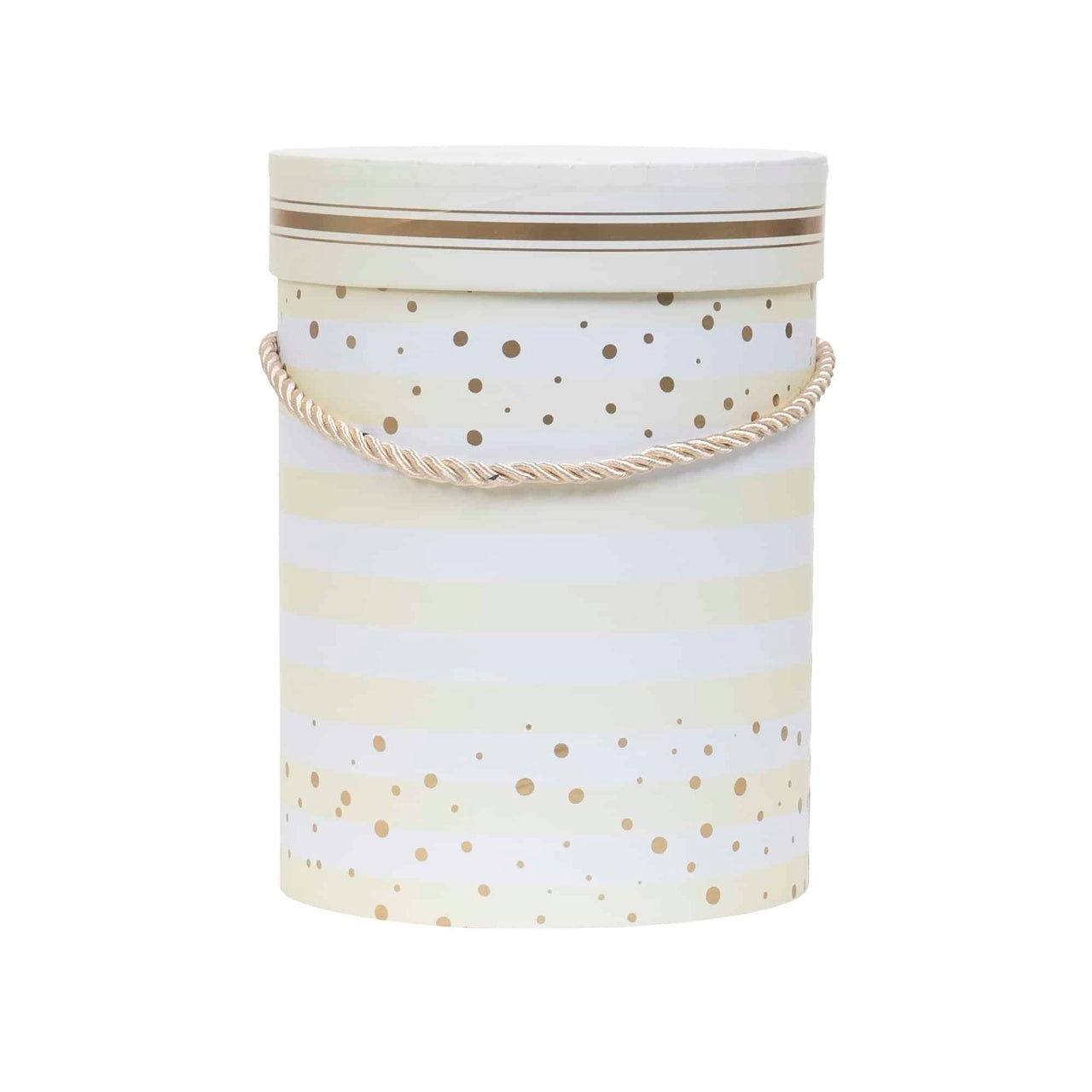 Cutie cilindrica alba cu model, inaltime 18 cm, diametru 13.5 cm