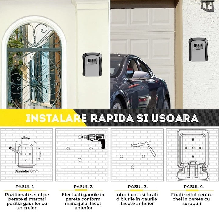 Cutie pentru chei, cu cifru, cu prindere in perete, din ABS, cod din 4 cifre, pentru 3 chei, kit de montare inclus, gri/negru