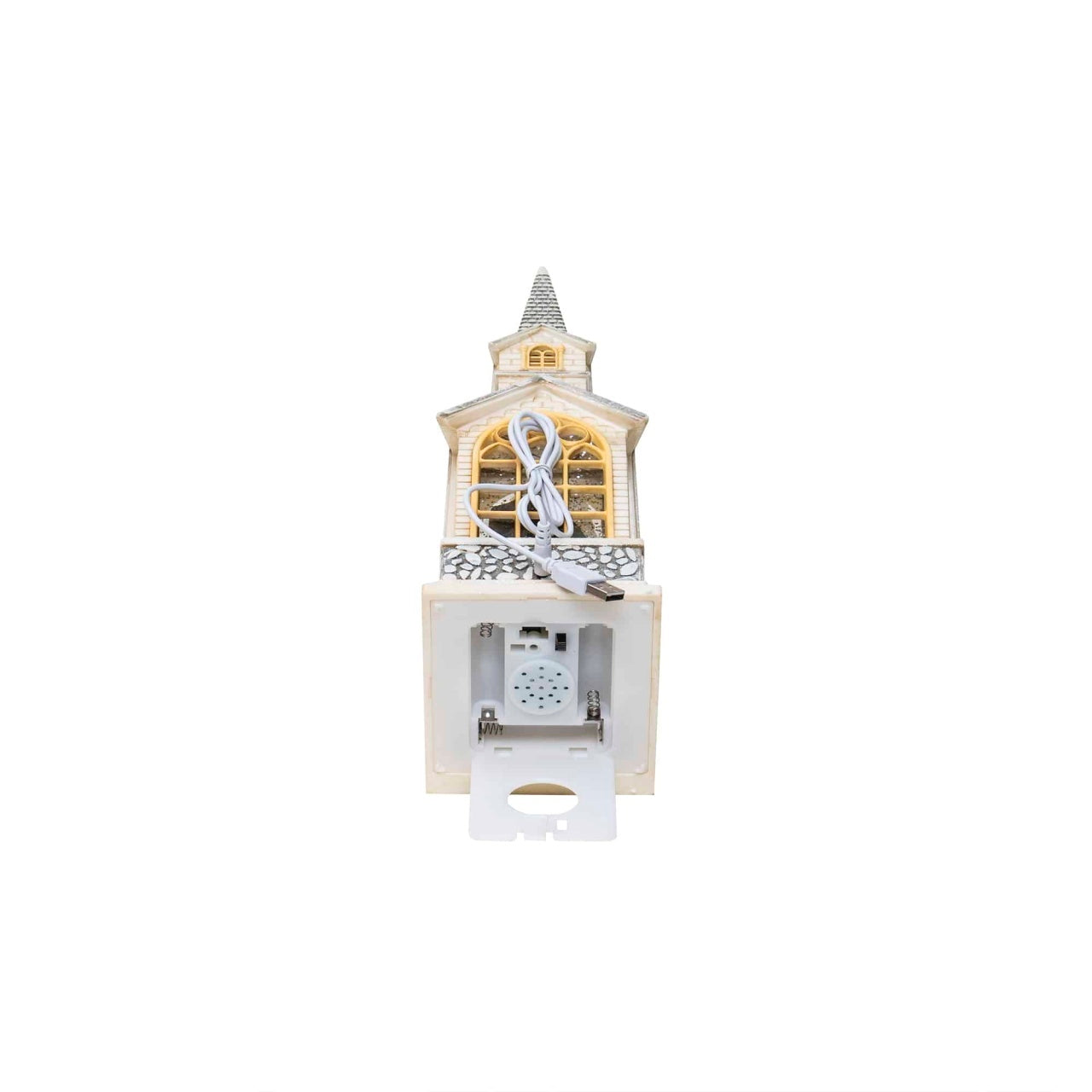 Decoratiune Craciun biserica muzicala cu lumini LED si fulgi de zapada, 39 cm