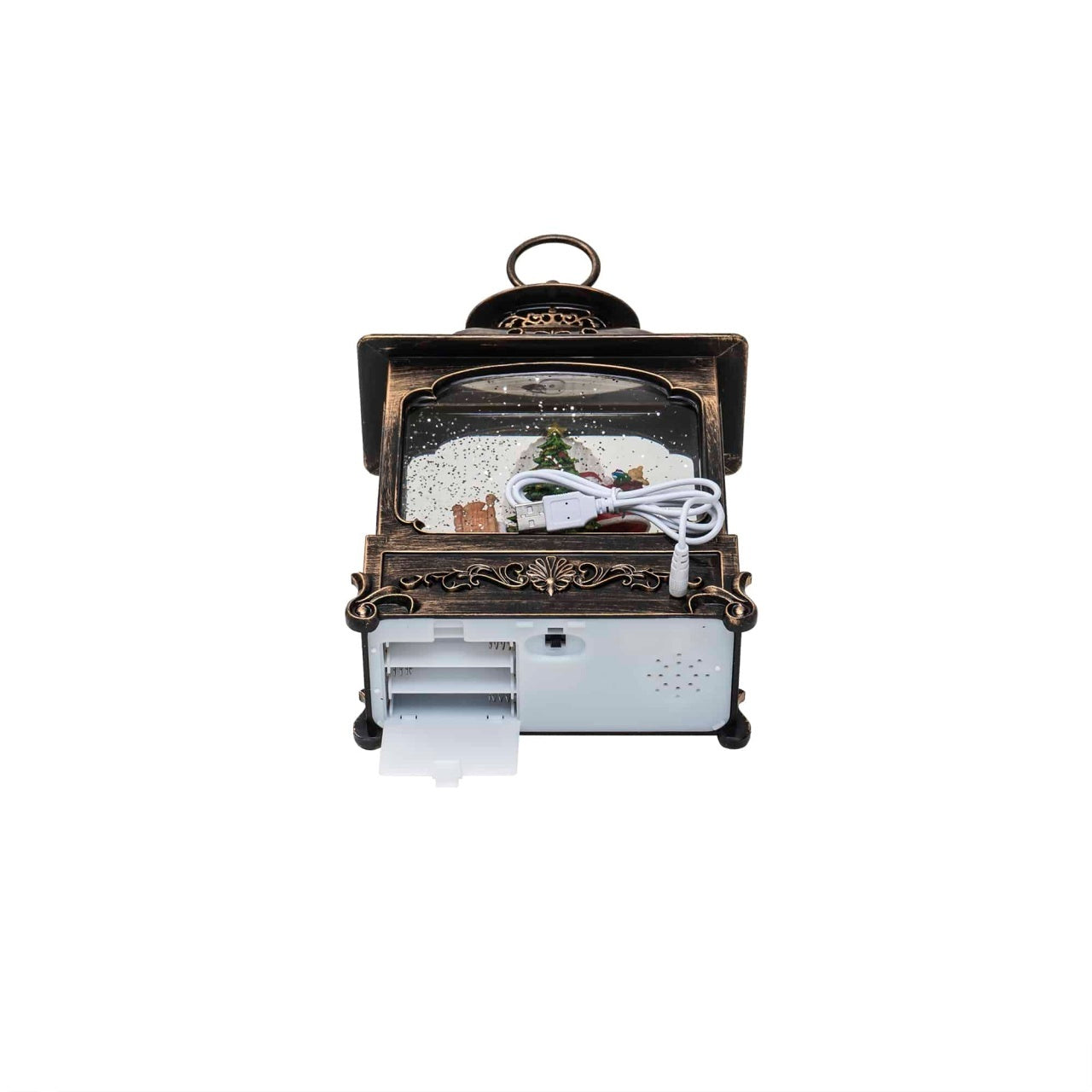 Decoratiune Craciun felinar dreptunghiular luminos si muzical, alimentare USB sau baterii