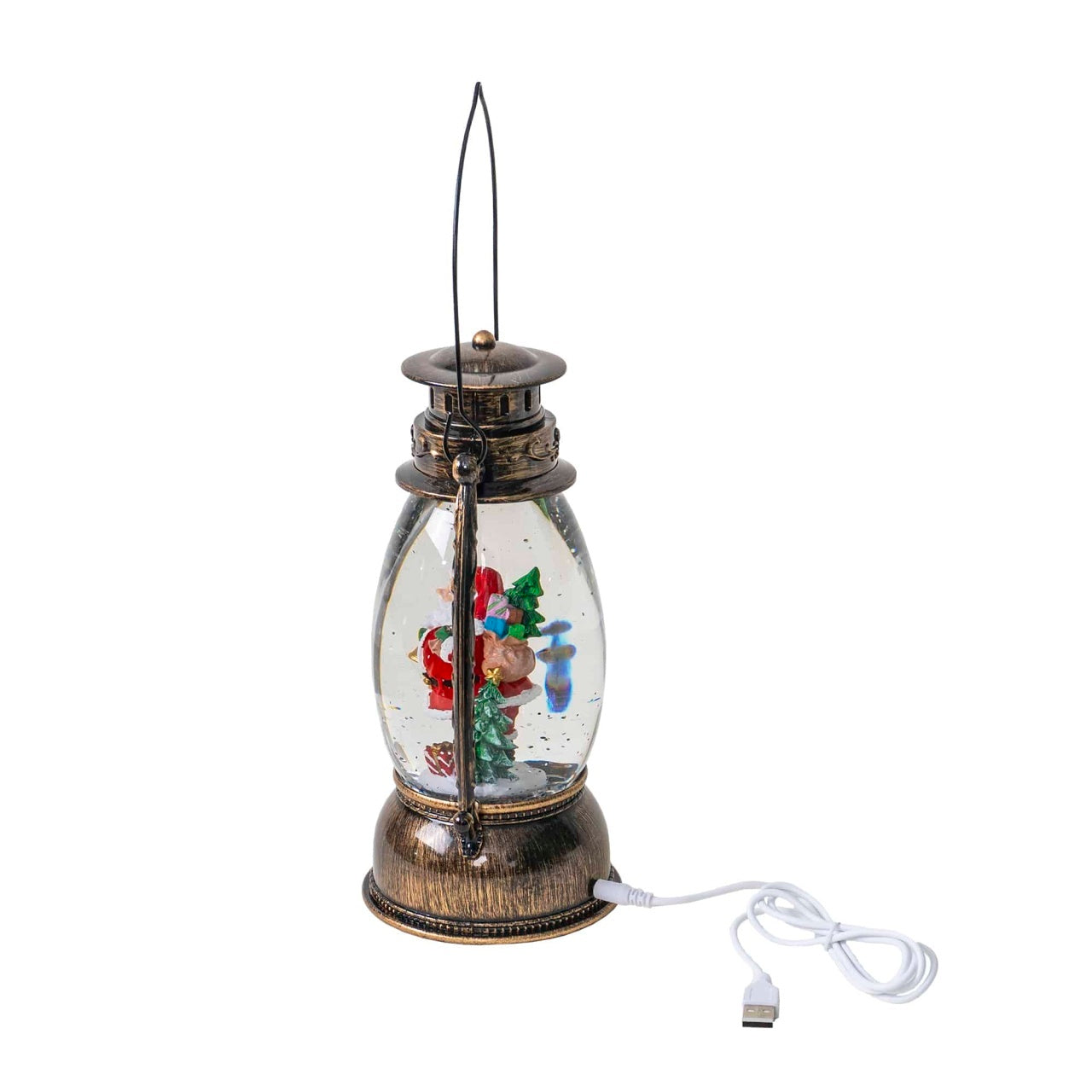 Decoratiune Craciun felinar luminos si muzical cu fulgi de zapada, USB si baterii