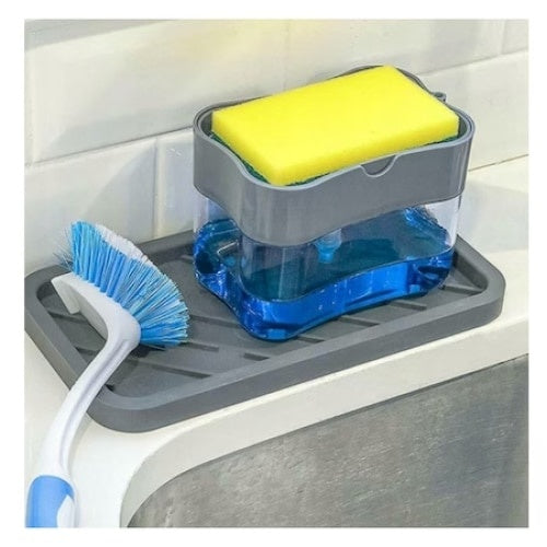Dispencer pentru detergent de vase, cu suport pentru burete, din plastic, din ABS, cu doua compartimente, gri