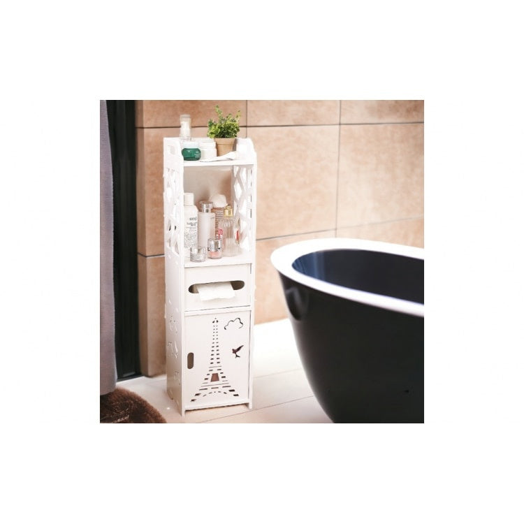 Dulap organizator pentru baie, cu 4 compartimente, din lemn si plastic, dimensiuni 80 x 20 x 20 cm, alb