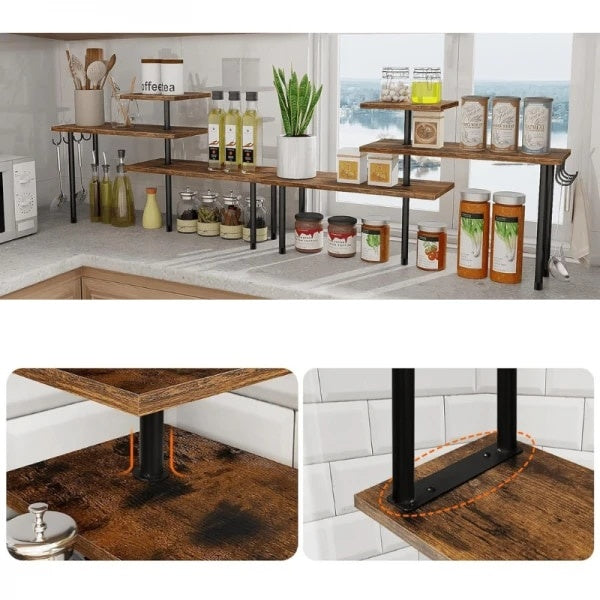 Etajera cu 3 polite din MDF, cu 5 picioare din metal, rotativ 180°, dimensiuni 66 (L) x 17.5 (l) x 38 (H) cm, cu imitatie lemn, maro/negru