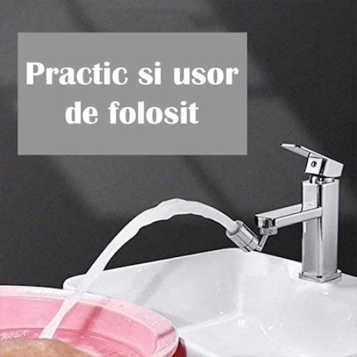 Extensie robinet cu filtrare, pivotant cu cot, cu doua moduri de stropire, rotire 720 de grade, argintiu