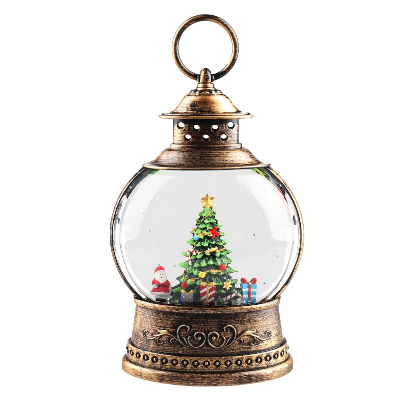 Felinar luminat de Craciun, cu bradut, ventilator zapada, LED, cadou, decoratiune pentru casa, maro