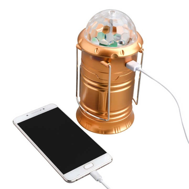Felinar pentru camping, cu incarcare USB, lanterna, suport de agatat, din ABS, pliabil, lumini RGB, auriu