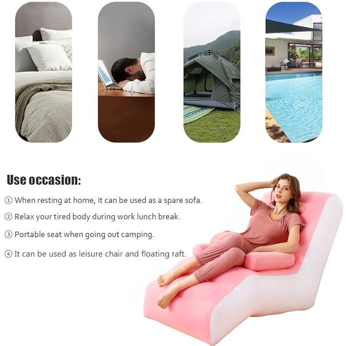 Fotoliu gonflabil, ergonomic in forma de S, dimensiuni 140X85 cm, material rezistent, alb/roz