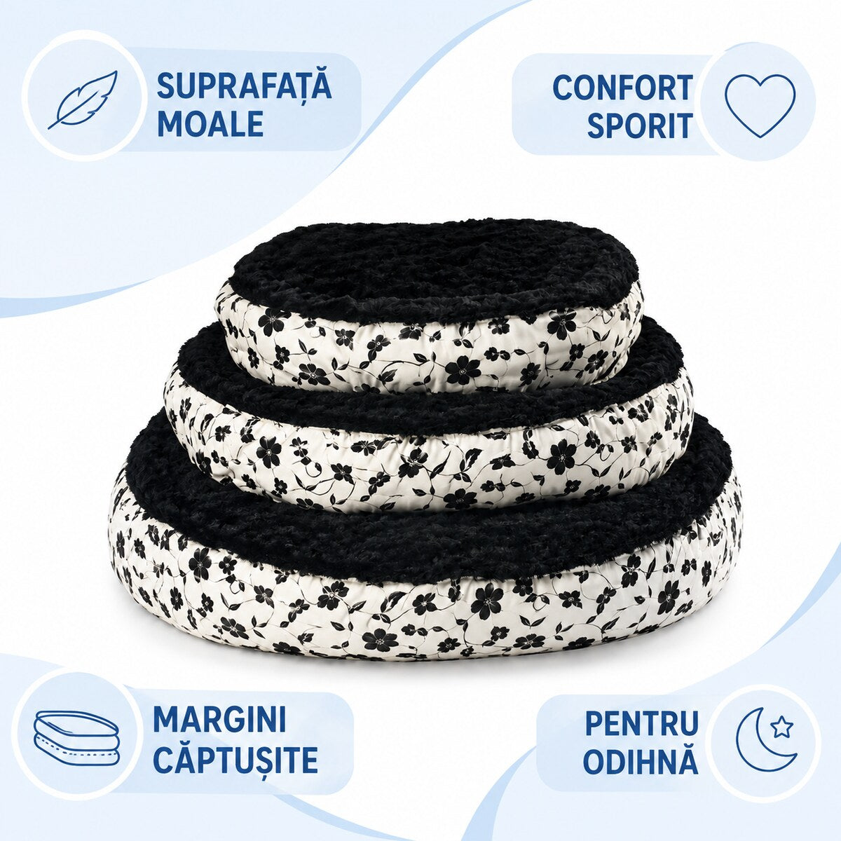 Set 3 Paturi Căptușite pentru Animale, Model Floral Alb-Negru – imagine 3