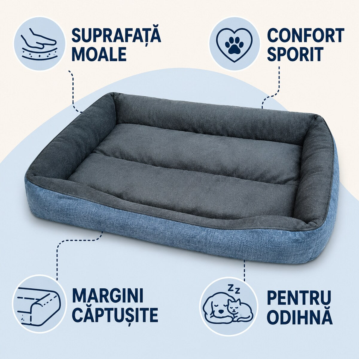 Pat Dreptunghiular Căptușit pentru Câini și Pisici, Gri-Albastru – imagine 3