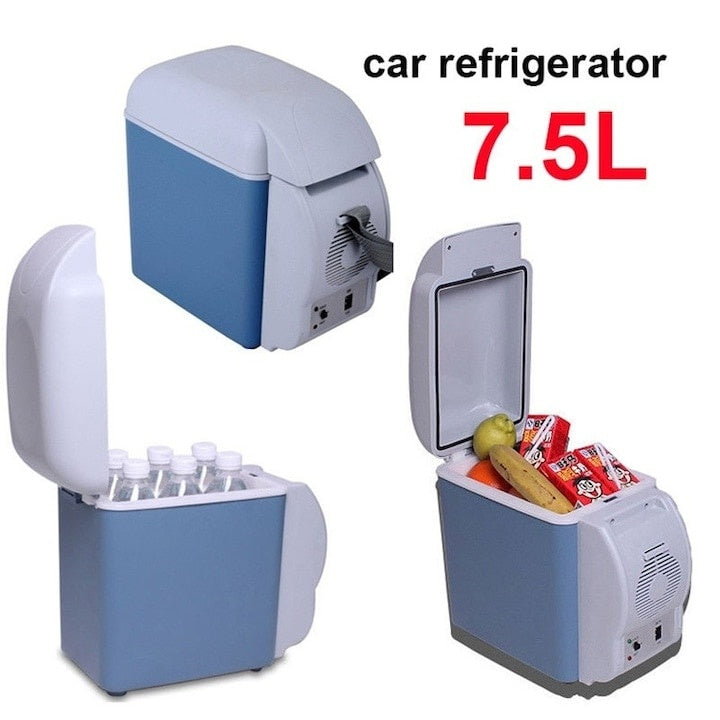 Frigider auto portabil, 12V, capacitate 7.5 l, functie de racire si incalzire, dimensiunea exterioara 27 cm x 32 cm x 17, 5 cm, dimensiuni interioare 19, 5 cm x 21 cm x 15 cm, alb/albastru
