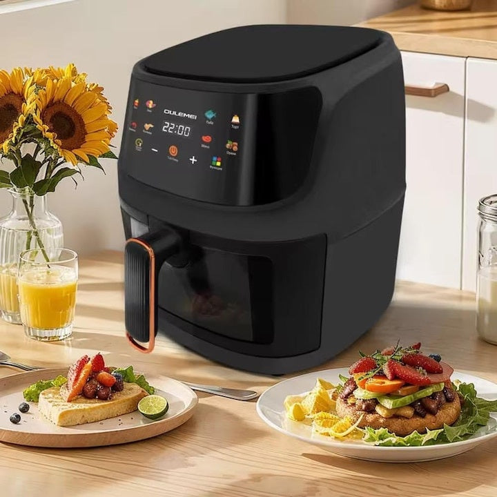 Friteuza cu aer cald, capacitate 8 L, putere 2400W, afișaj digital, cos transparent, cu 6 meniuri presetate, negru