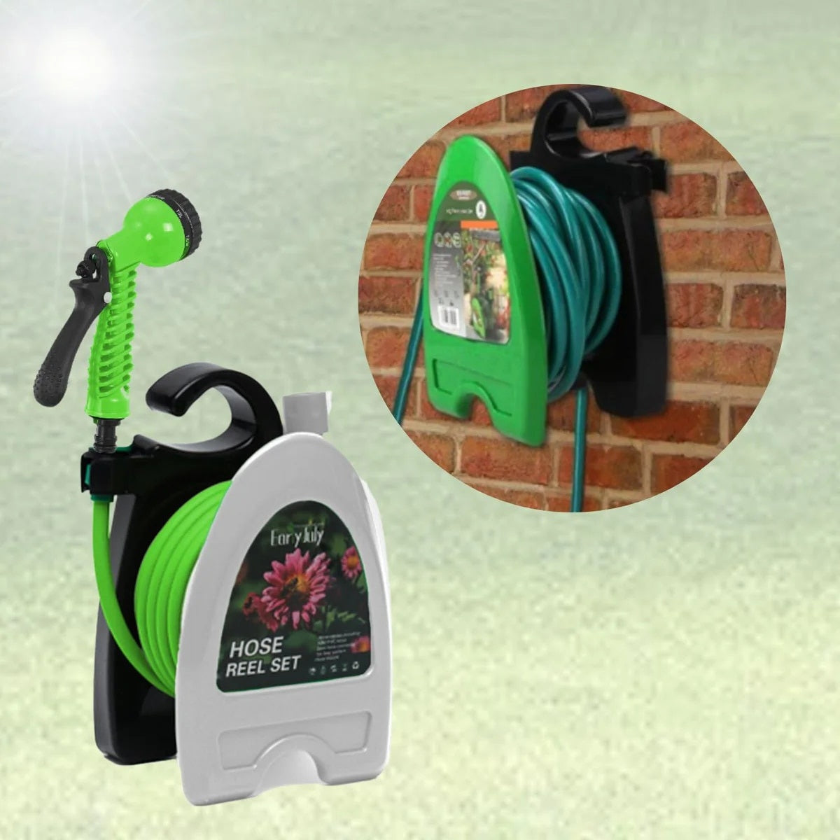 Furtun pentru gradina cu cu tambur si pistol de pulverizare, lungime 10m, portabil, din PVC, design rulant, negru/verde