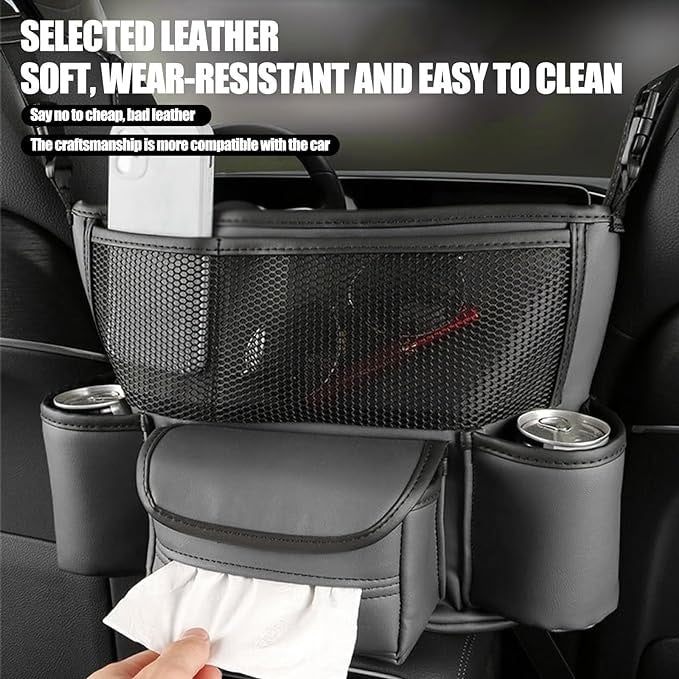 Geanta de depozitare auto cu organizator, cu prindere pe scaunul din fata, din piele, capacitate mare, cu suport pentru bauturi si servetele, negru