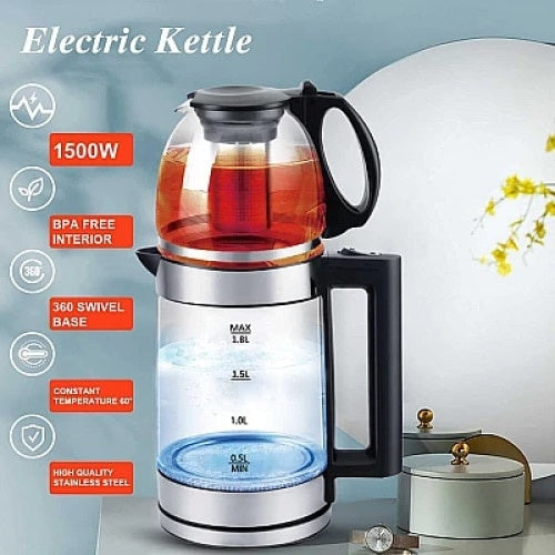 Incalzitor de apa cu ceainic, din sticla, electric, putere 1500W, functie de pastrare a temperaturii, negru/argintiu