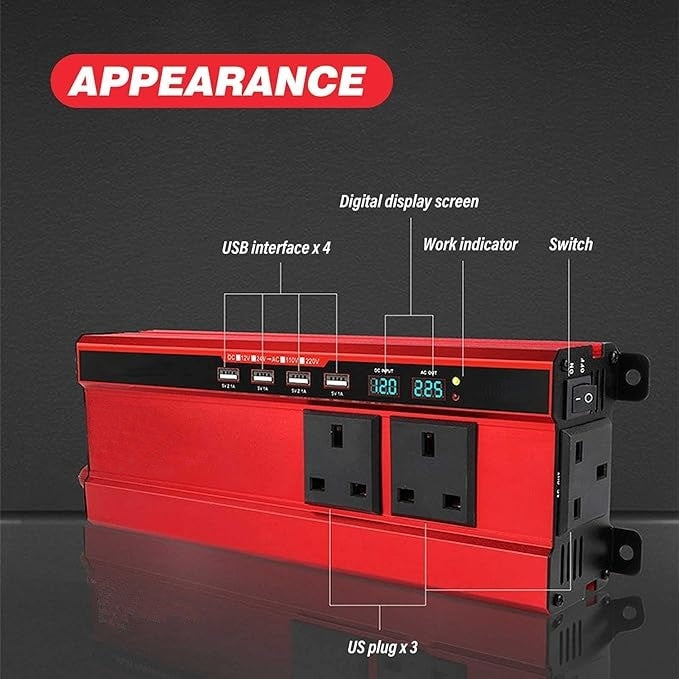 Invertor auto FOXMAG24, 12V, display dublu cu 4 mufe USB, 2 iesiri, putere 1600W, protectie supraincalzire, rosu