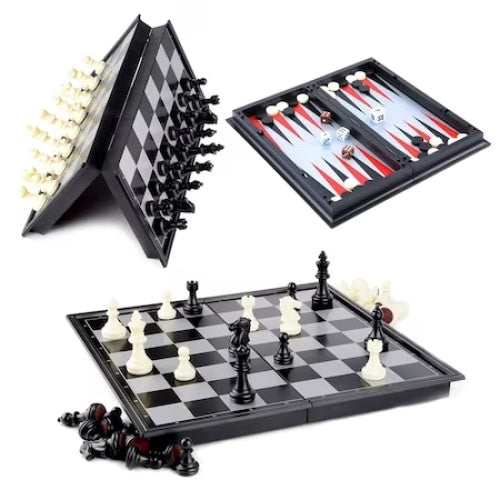 Joc 3 in 1, cu sah, dame si table, magnetic, dimensiuni 36 cm, metalic, alb/negru