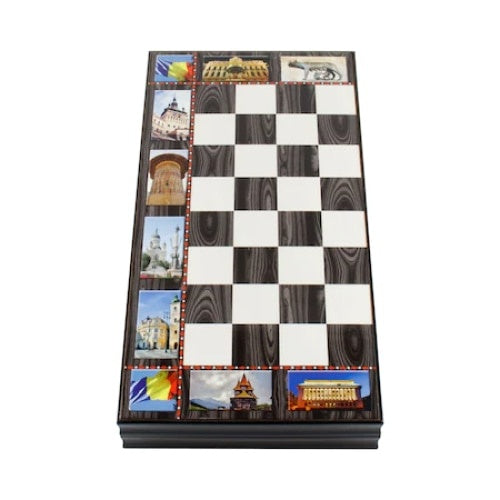 Joc de table, cu peisaje, din lemn lacuit, dimensiuni 50x50 cm, alb/negru
