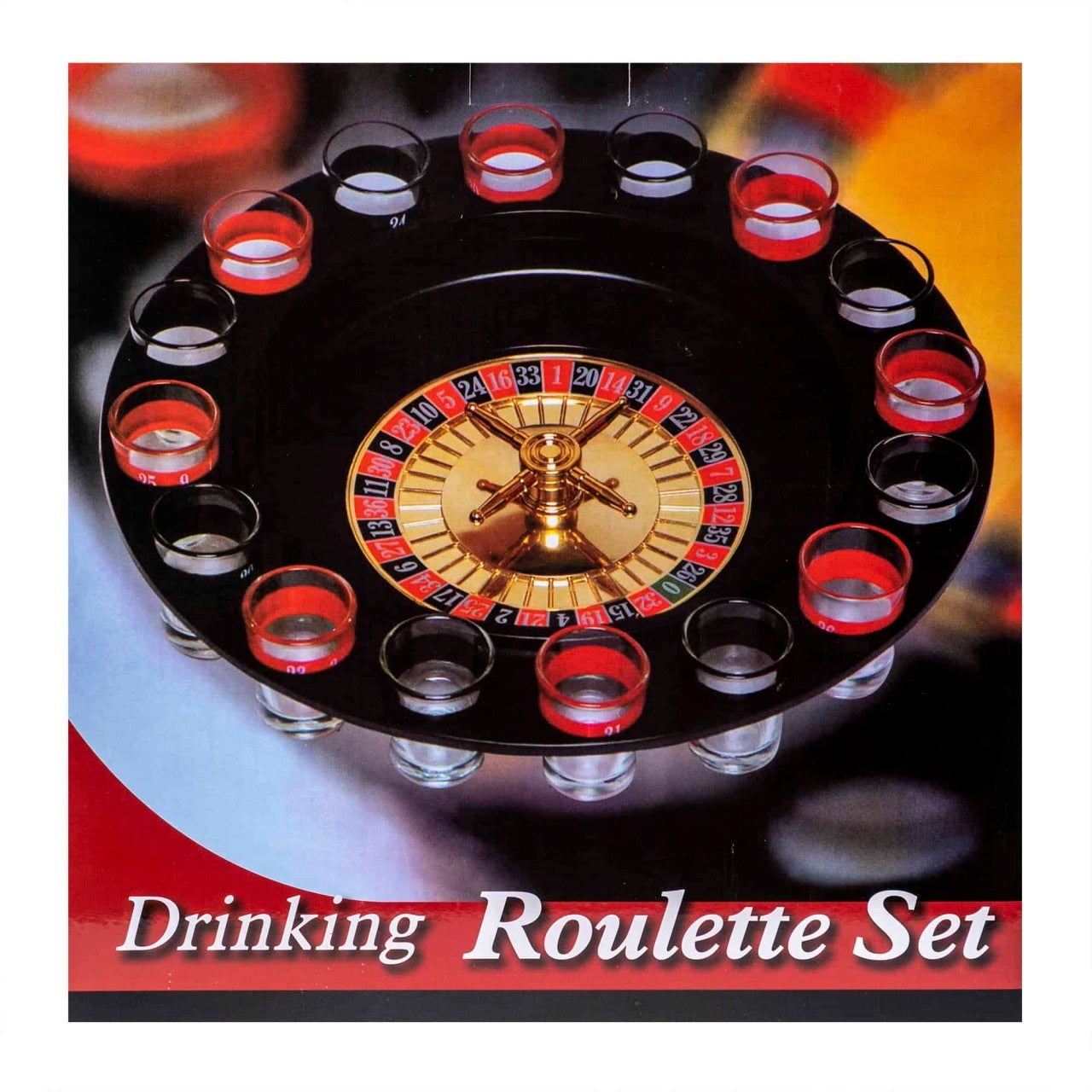 Joc ruleta cu 16 pahare de shot, rosu - negru, cu sageata rotativa