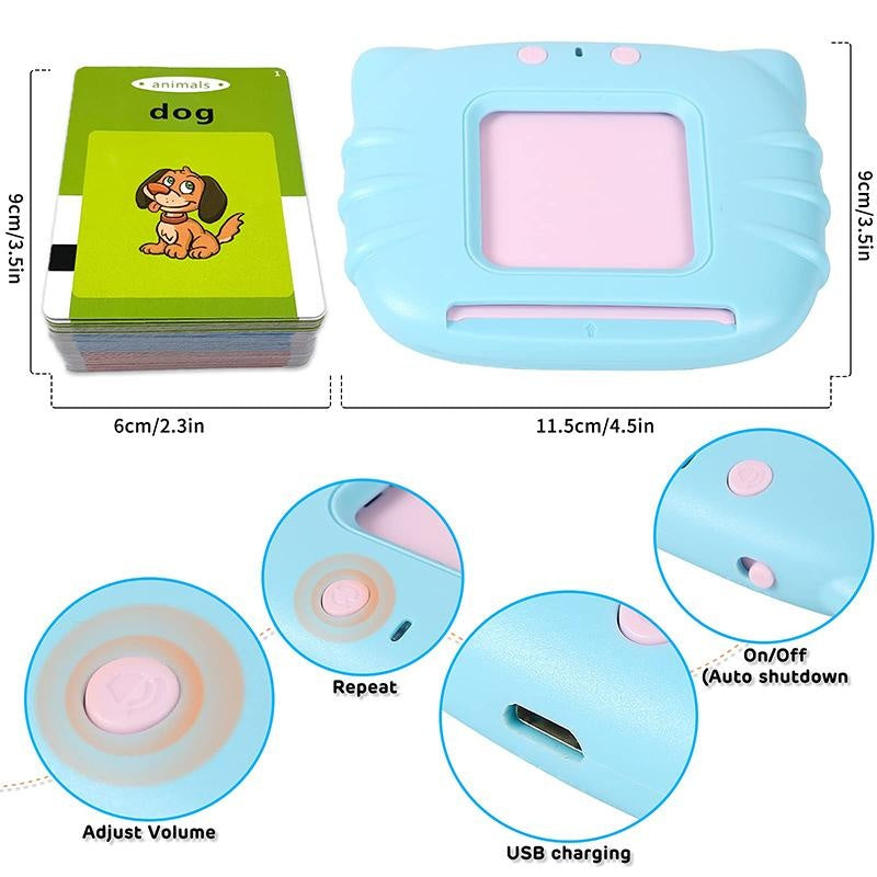 Jucarie educativa Montessori pentru copii, limba engleza, cititor de carduri flash, 224 de cuvinte, 112 carduri, incarcare MicroUSB