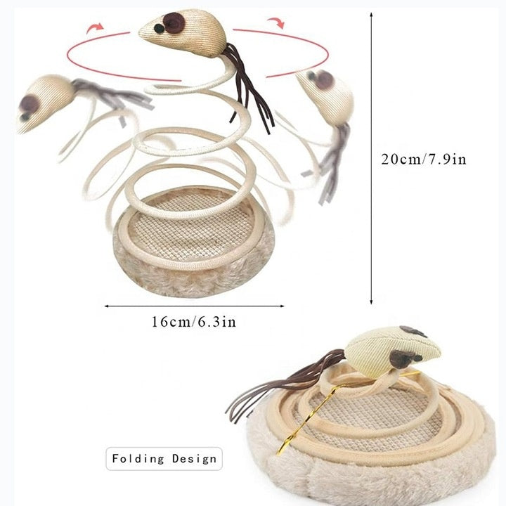 Jucarie interactiva pentru pisici, cu soricel sau peste de plus selectate aleator, arc spiralat elastic si disc din in