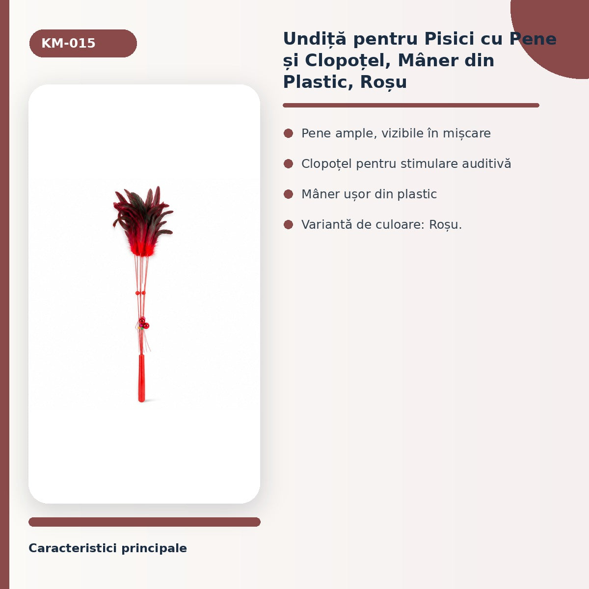 Undiță pentru Pisici cu Pene și Clopoțel, Mâner din Plastic, Roșu – imagine 3