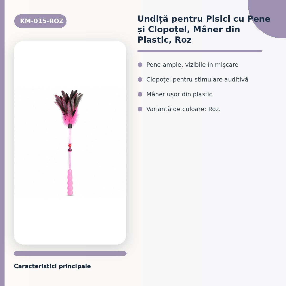 Undiță pentru Pisici cu Pene și Clopoțel, Mâner din Plastic, Roz – imagine 3