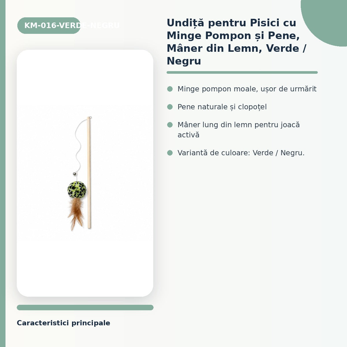 Undiță pentru Pisici cu Minge Pompon și Pene, Mâner din Lemn, Verde / Negru – imagine 3