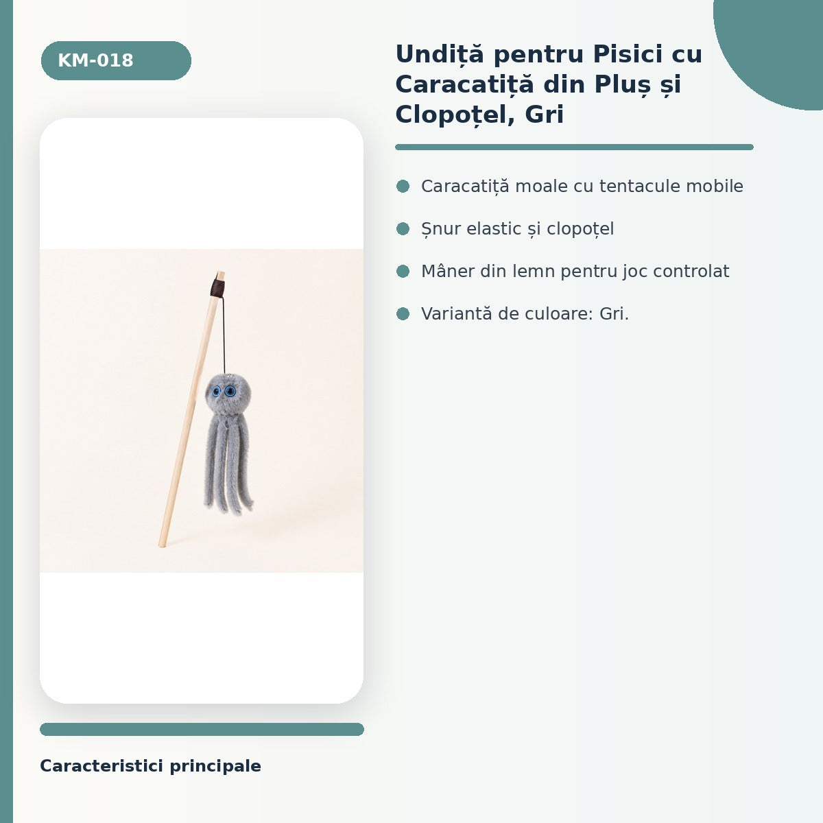 Undiță pentru Pisici cu Caracatiță din Pluș și Clopoțel, Gri – imagine 3