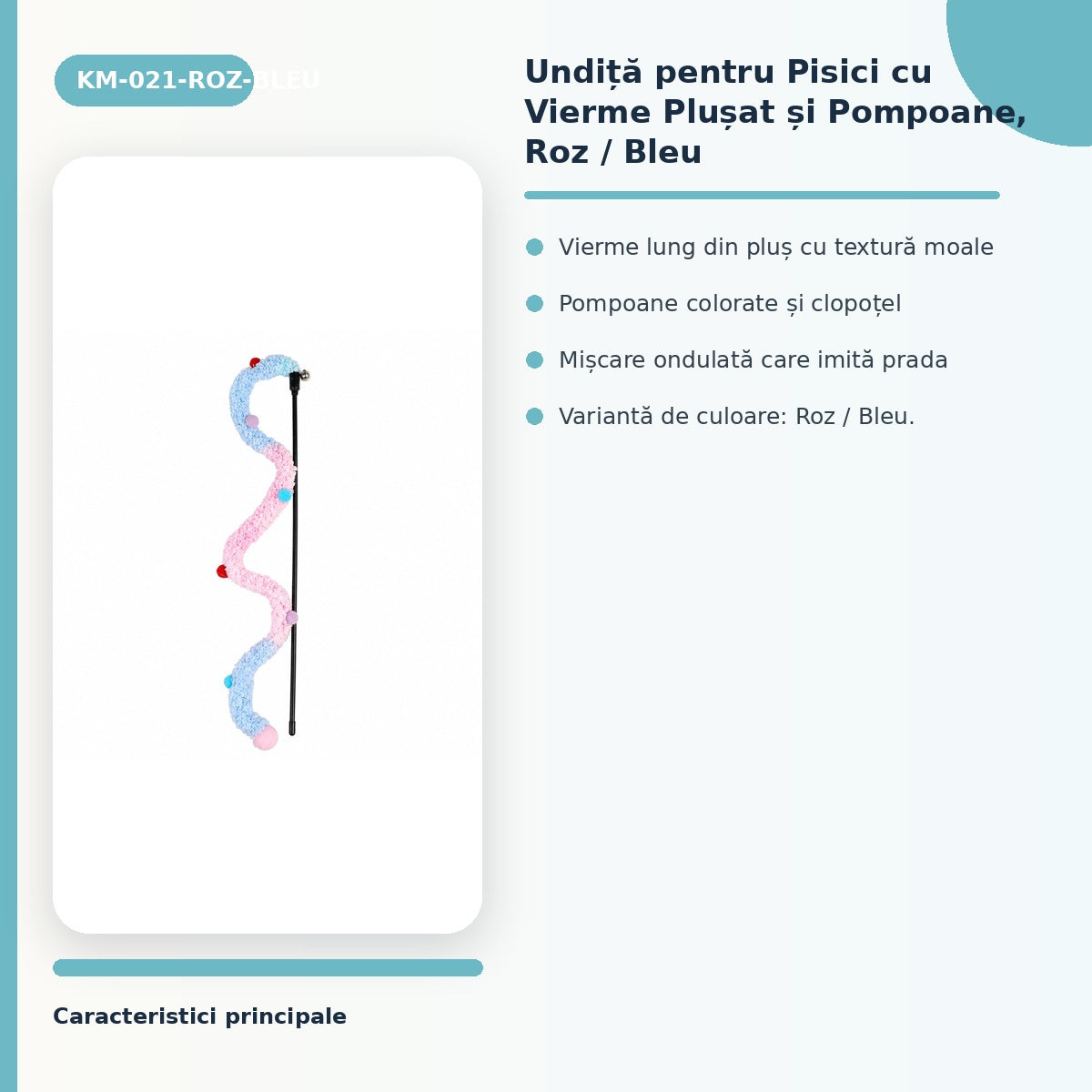 Undiță pentru Pisici cu Vierme Plușat și Pompoane, Roz / Bleu – imagine 3