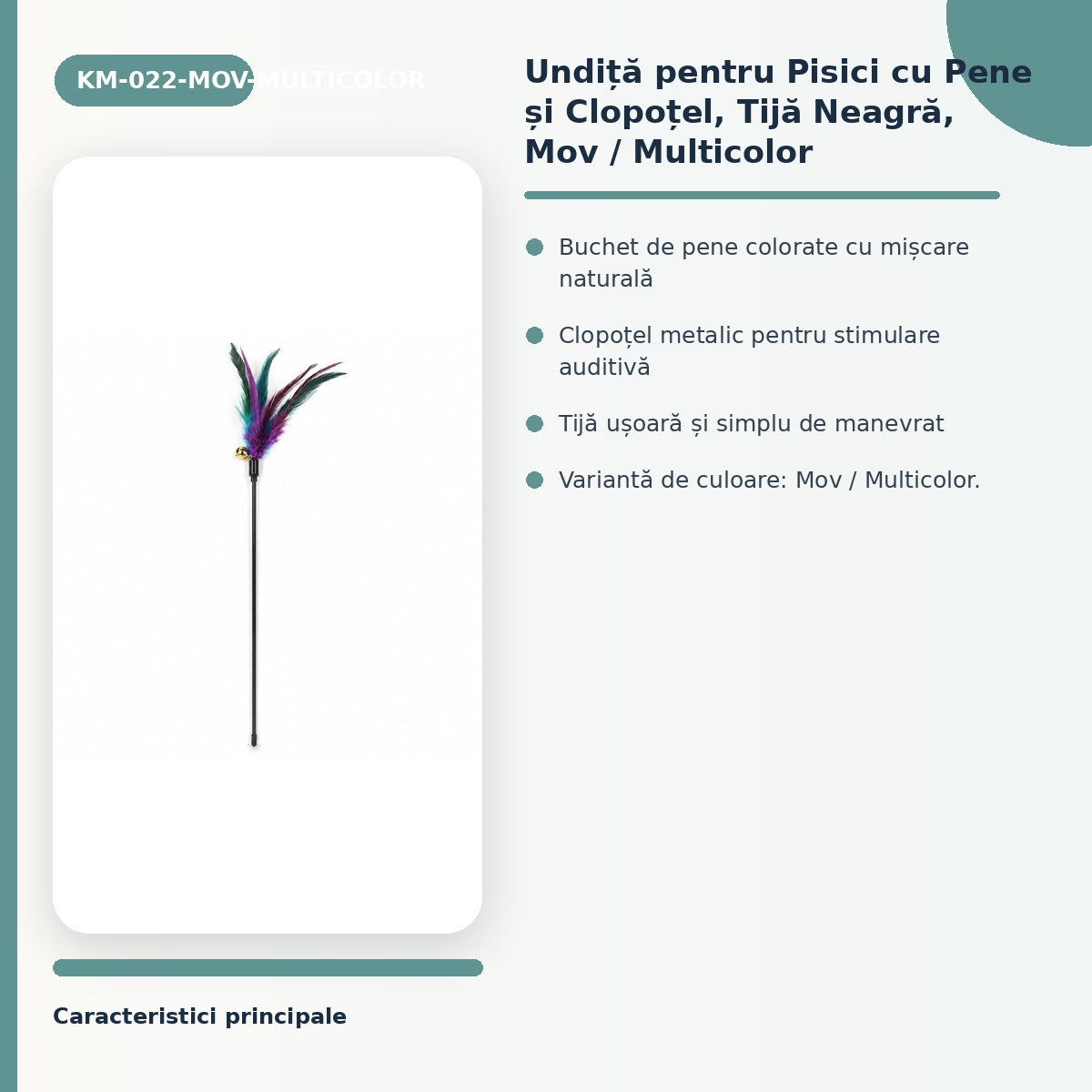 Undiță pentru Pisici cu Pene și Clopoțel, Tijă Neagră, Mov / Multicolor – imagine 3