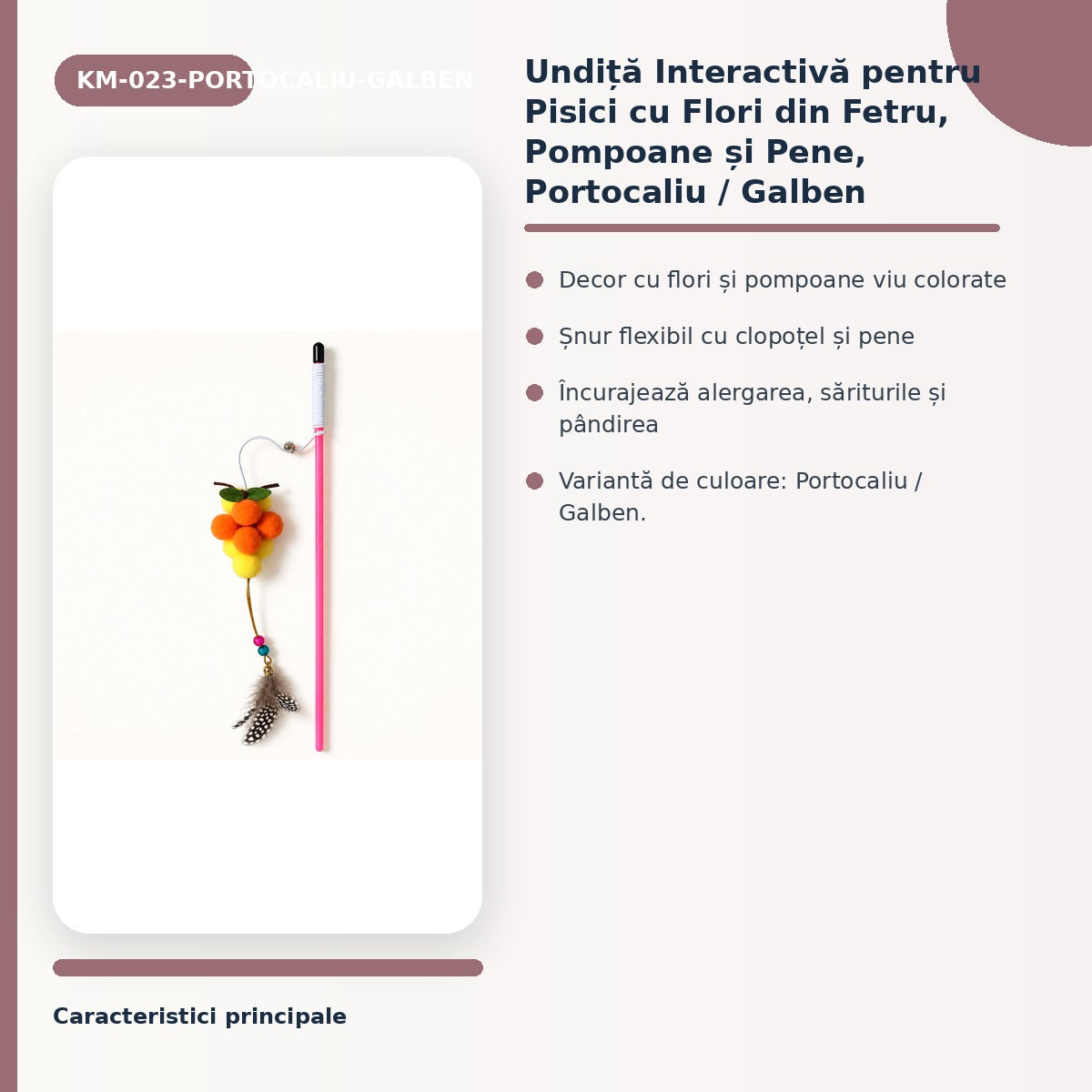 Undiță Interactivă pentru Pisici cu Flori din Fetru, Pompoane și Pene, Portocaliu / Galben – imagine 3