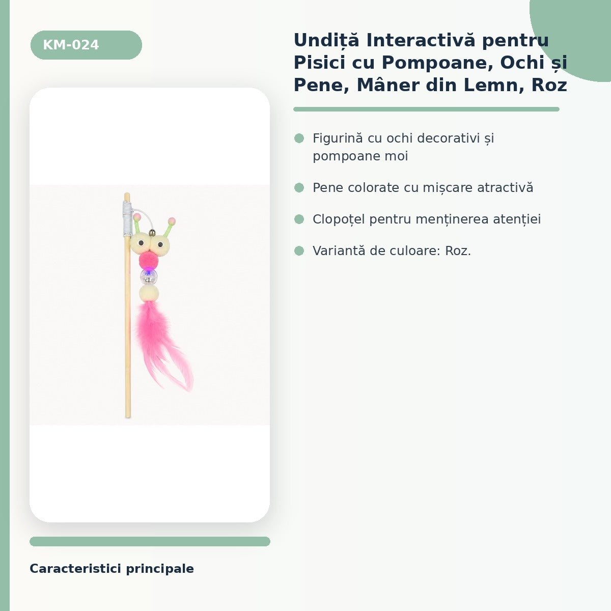 Undita Interactiva pentru Pisici cu Pompoane, Ochi si Pene, Maner din Lemn, Roz – imagine 3
