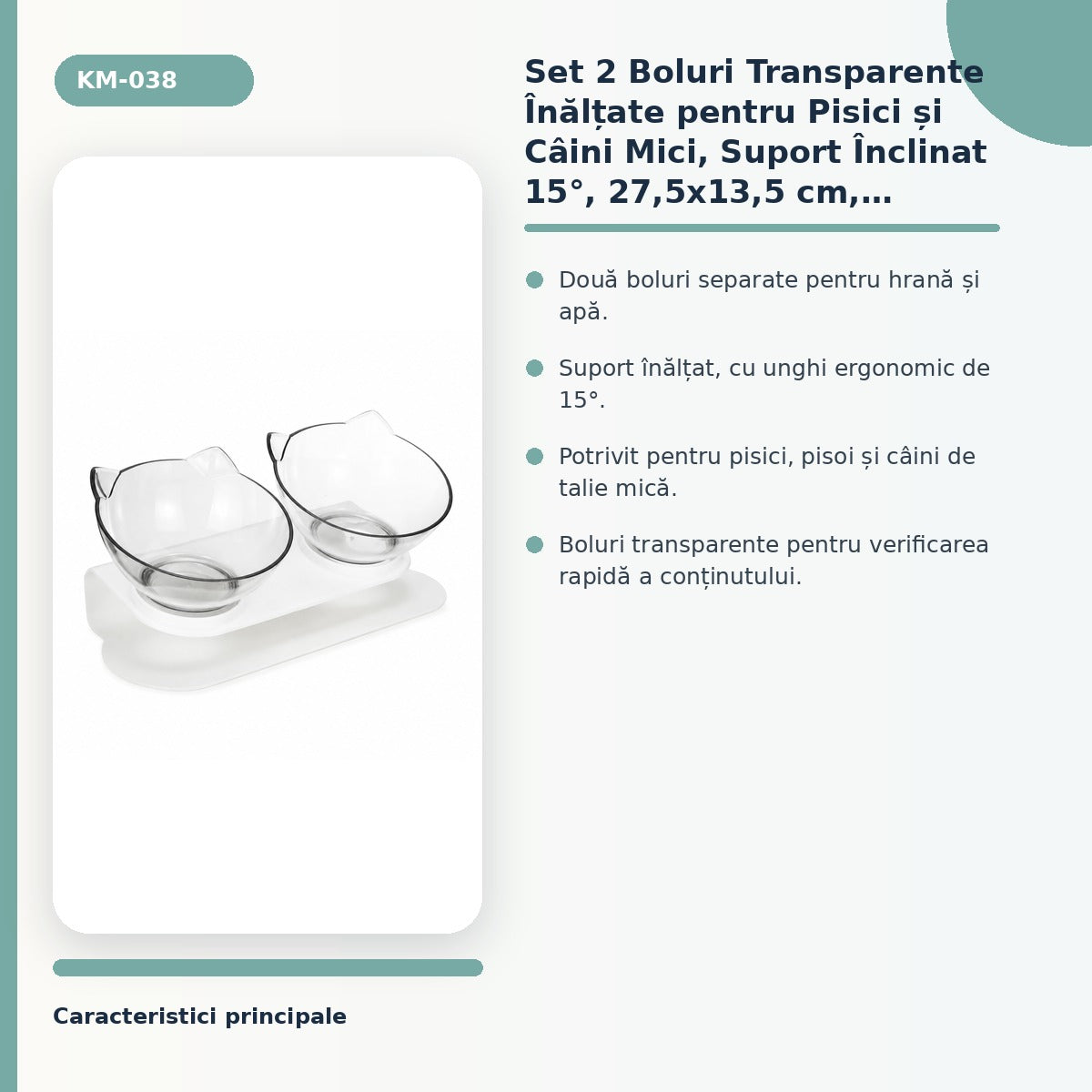 Set 2 Boluri Transparente inaltate pentru Pisici si Caini Mici, Suport inclinat 15°, 27,5x13,5 cm, Alb/Transparent – imagine 3