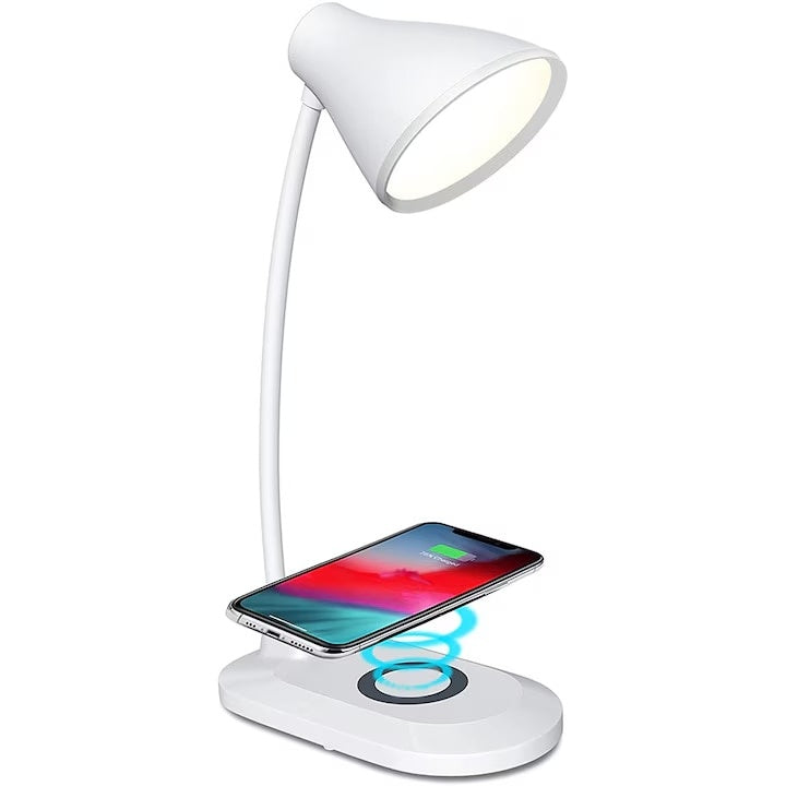 Lampa de birou, cu incarcator pentru telefon wireless, brat reglabil, cu 3 nivele de iluminare, cu suport antialunecare, prevazuta cu buton de tip touch, alb