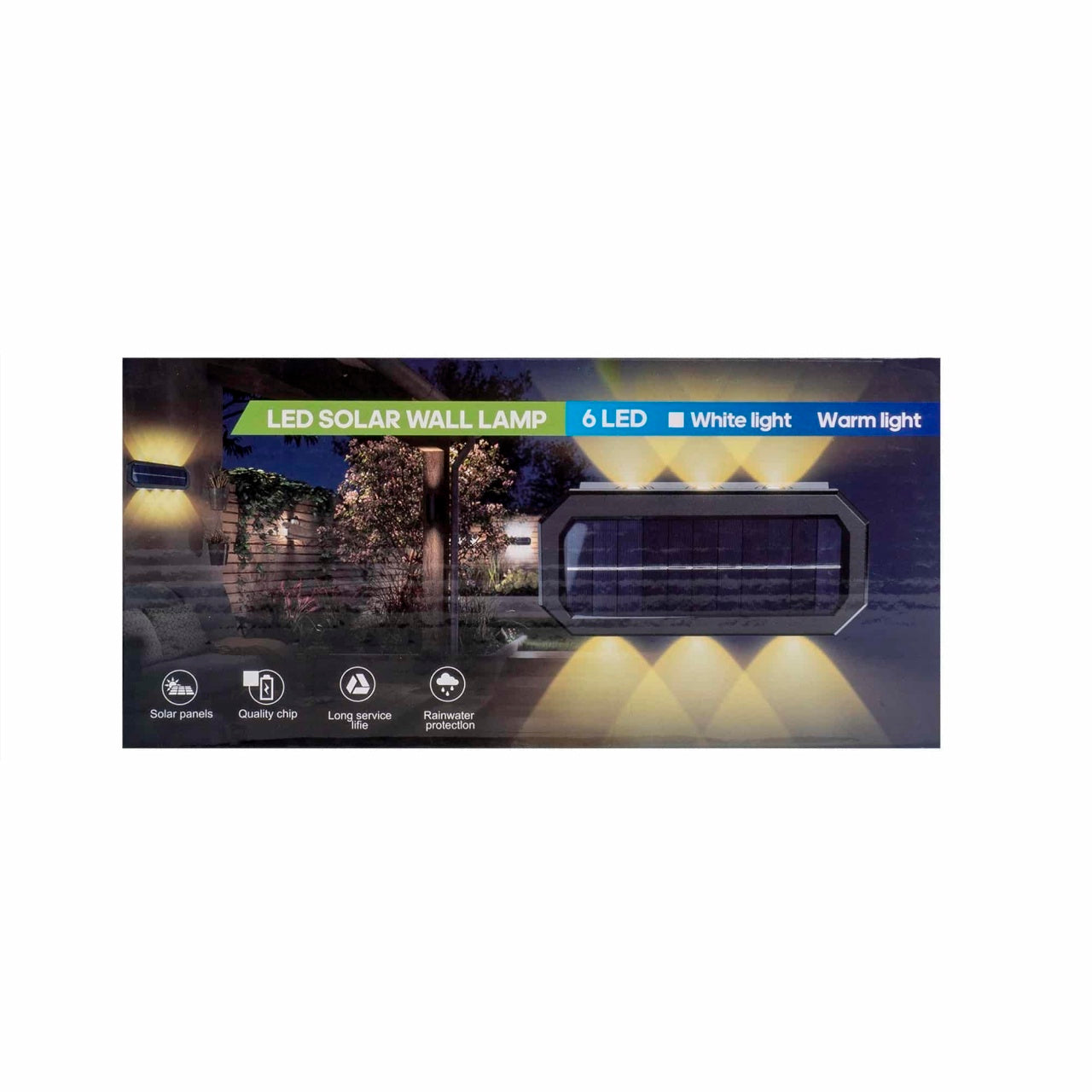 Lampa de perete solara cu 6 LED-uri si 2 culori de lumina, dimensiuni 21x10x4-6 cm