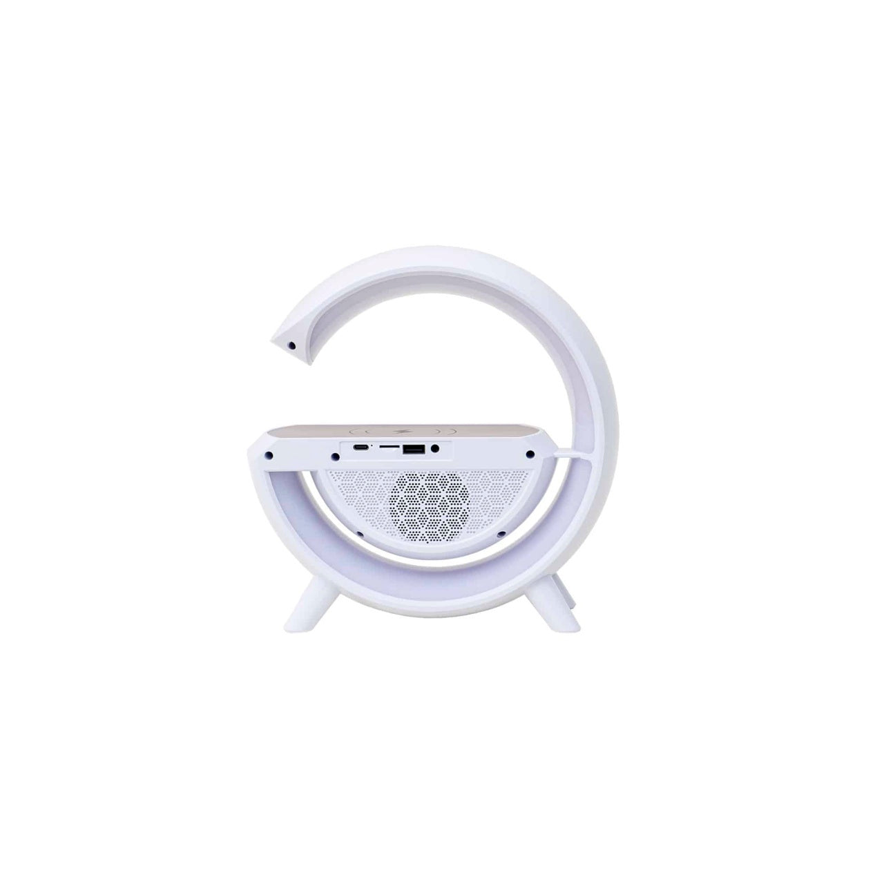 Lampa LED 4 in 1 cu boxa, ceas si incarcator wireless 15W, dimensiuni 22x8x24 cm