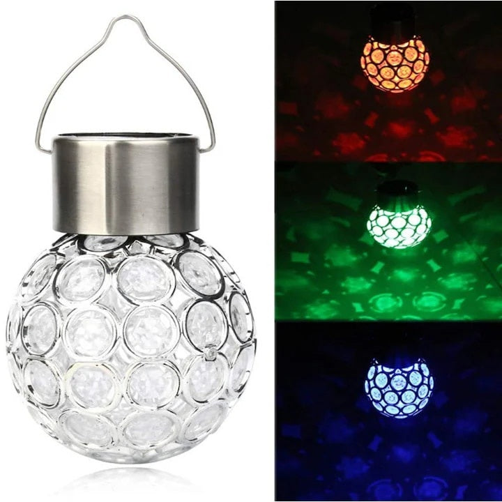 Lampa solara de gradina, cu 8 lumini colorate, cu suport de agatare, comutator ON/OFF, aspect de cristal, rezistenta la apa, alb