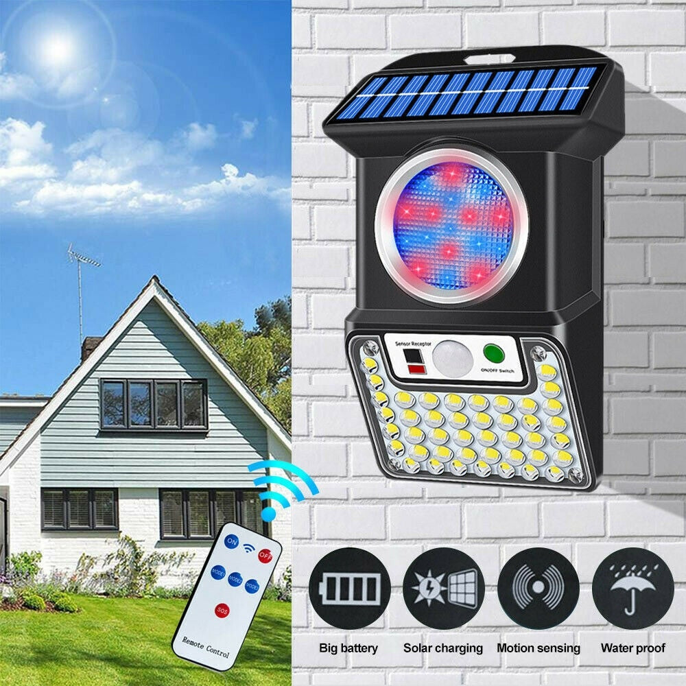 Lampa solara de perete, cu 59 de LED-uri albe si colorate, cu senzor de miscare, panou solar de 3W, autonomie 10h, cu telecomanda, negru