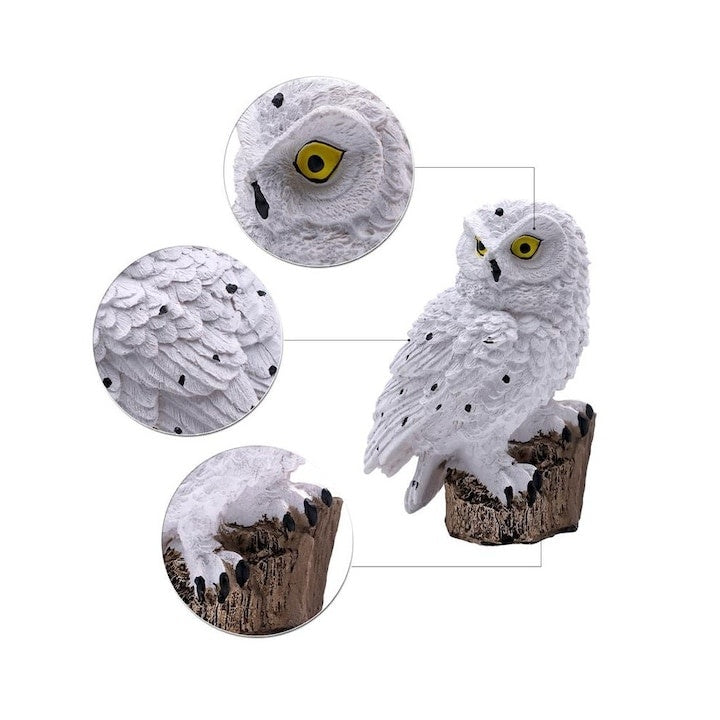 Lampa solara tip bufnita, cu iluminare LED, din ABS, cu senzor de lumina, fixare tip tarus, dimensiuni 9 x 7 x 45 cm, alb